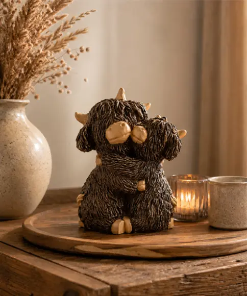 Decoratief beeld van twee knuffelende Highland‑koeien op een houten dienblad naast een vaas met droogbloemen en een brandende kaars.